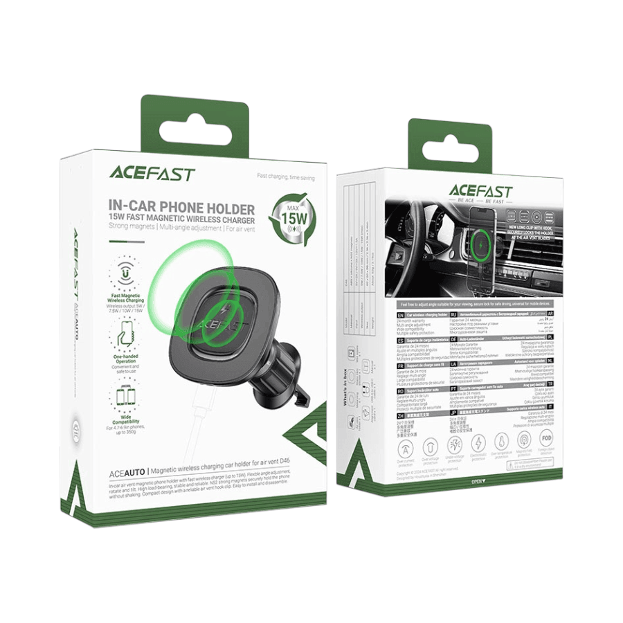 AceFast in-car phone holder packaging with green accents on a white background