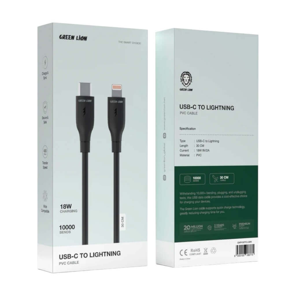 Green Lion USB-C to Lightning cable packaging on a white background
