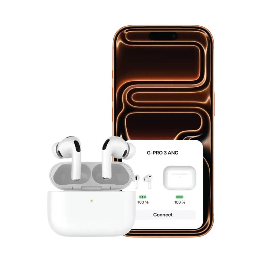 Greenlion Wireless earbuds with charging case and smartphone displaying battery status on a white background