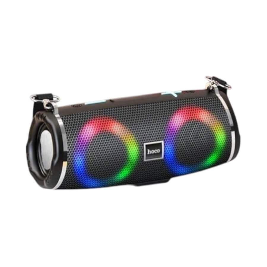 Portable Bluetooth speaker with colorful LED lights on a white background