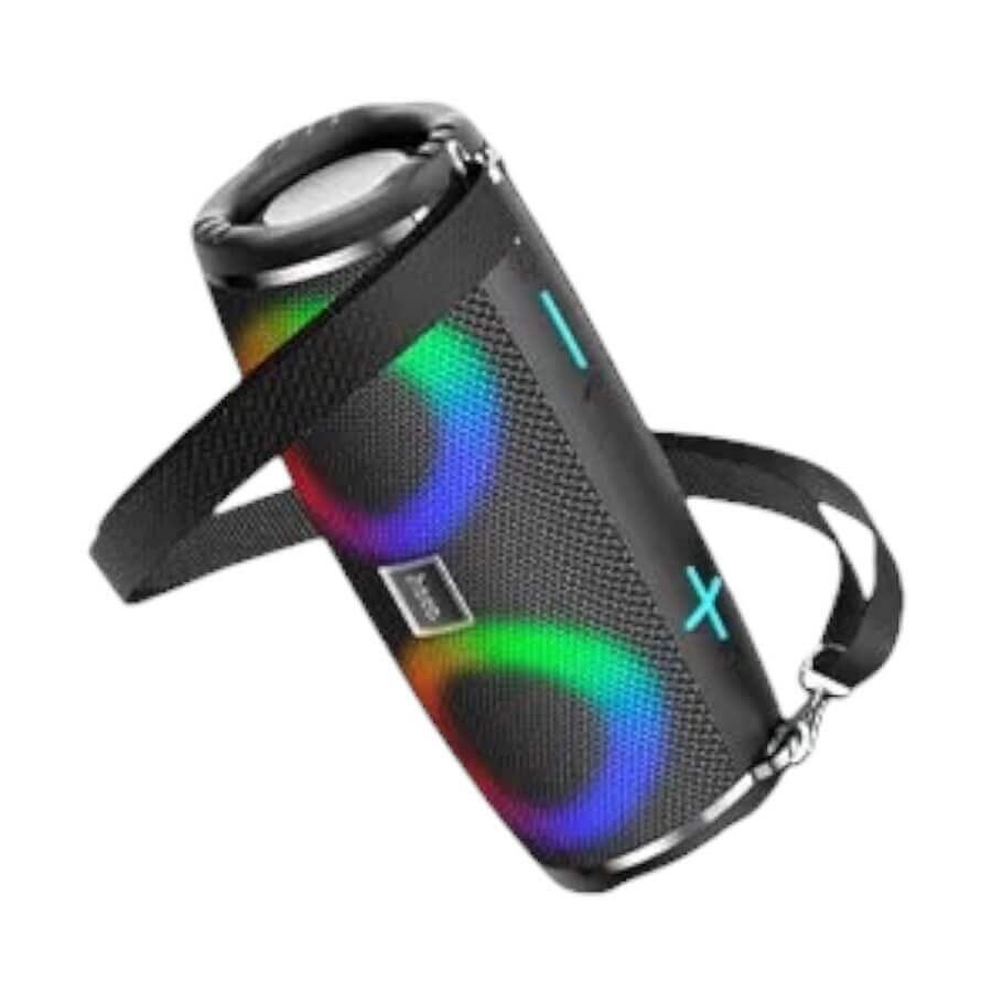 Portable Bluetooth speaker with colorful LED lights on a white background