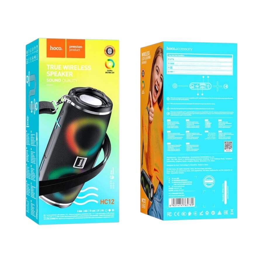 Hoco True Wireless Speaker packaging with front and back views on a white background