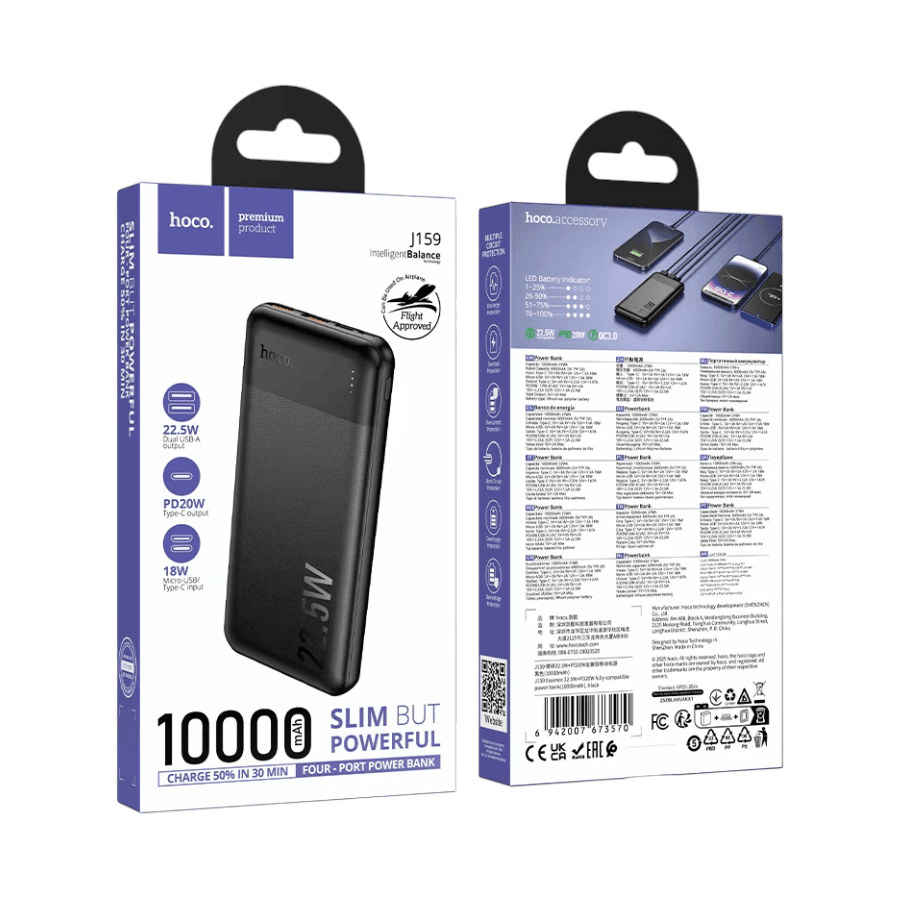 Hoco power bank packaging with front and back views on a white background