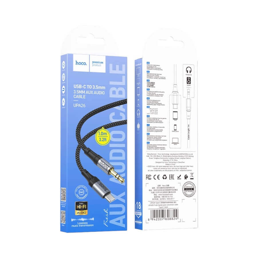 Hoco USB-C to 3.5mm Aux Audio cable packaging on a white background