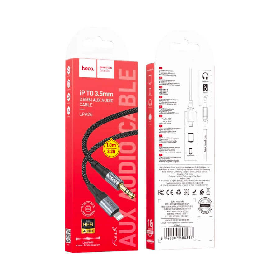 Hoco aux audio cable packaging with red and white design