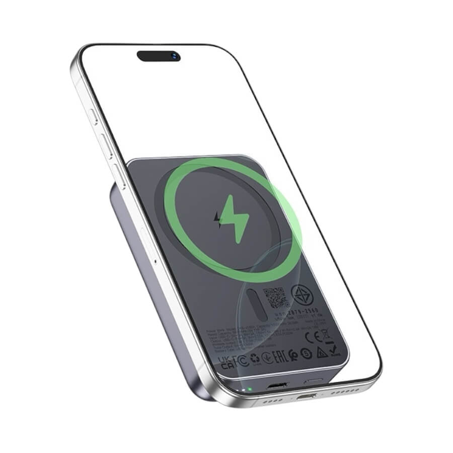 Smartphone with a wireless charging icon on the screen against a white background
