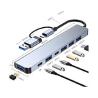 USB hub with various USB connectors and cables on a white background