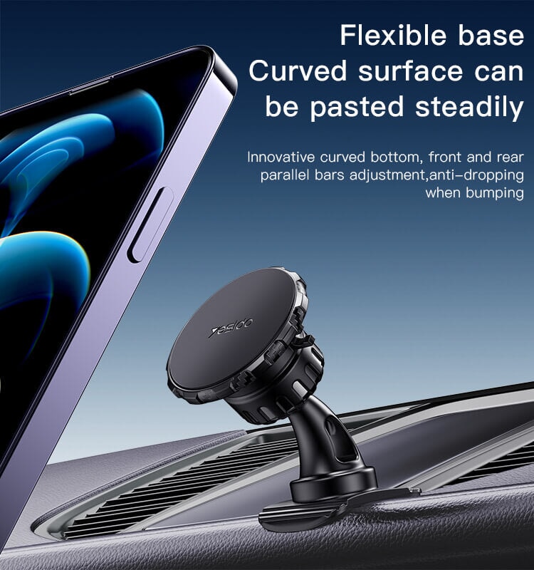 Phone holder on car dashboard with text describing features