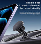 Phone holder on car dashboard with text describing features